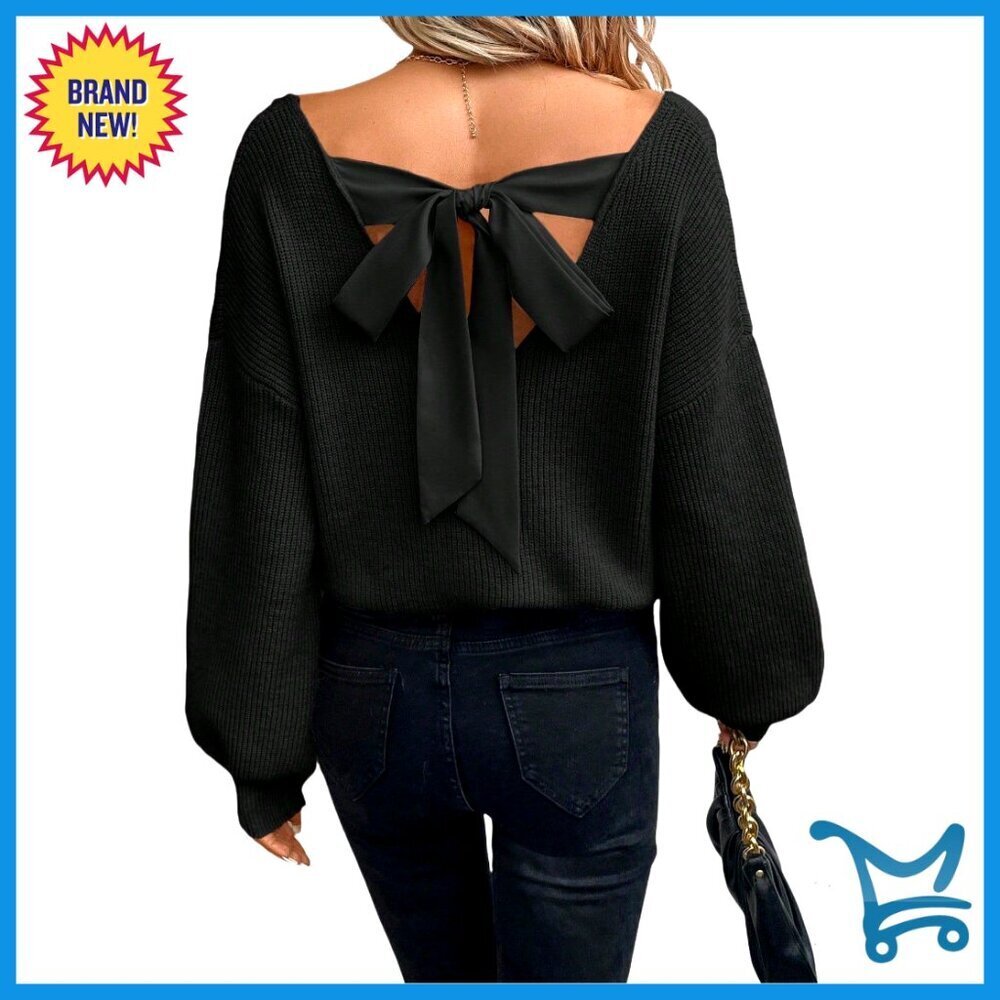 V Neck Off Shoulder Sweater Tie Back Oversized Knit Elegant Chic Top